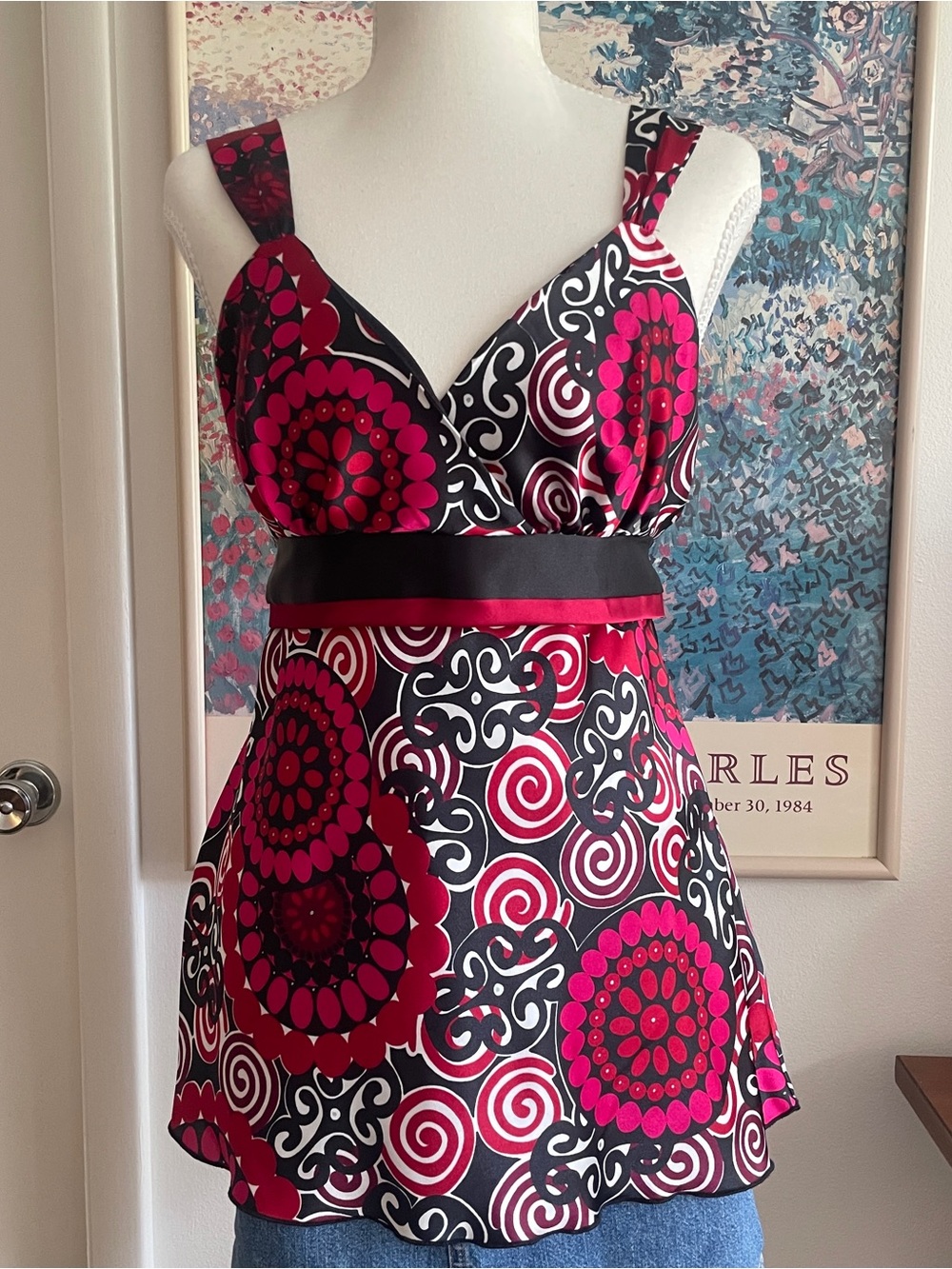 Babydoll Tank Top Womens Large Red Swirl Print Empire Waist Boho Euro Whimsy Y2K - Picture 2 of 11